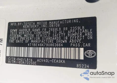 2009 Toyota Camry Se z USA, uszkodzony, nr VIN 4T1BE46K79U863664